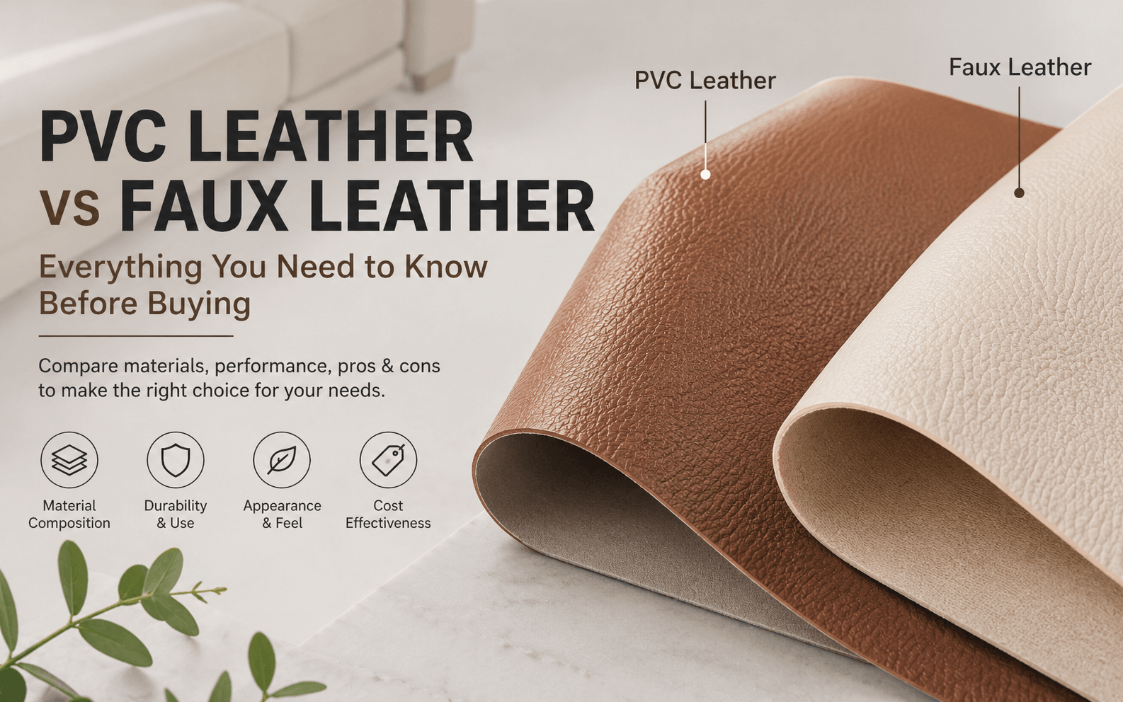 PVC leather vs faux leather material comparison, artificial leather sample roll for furniture and car upholstery