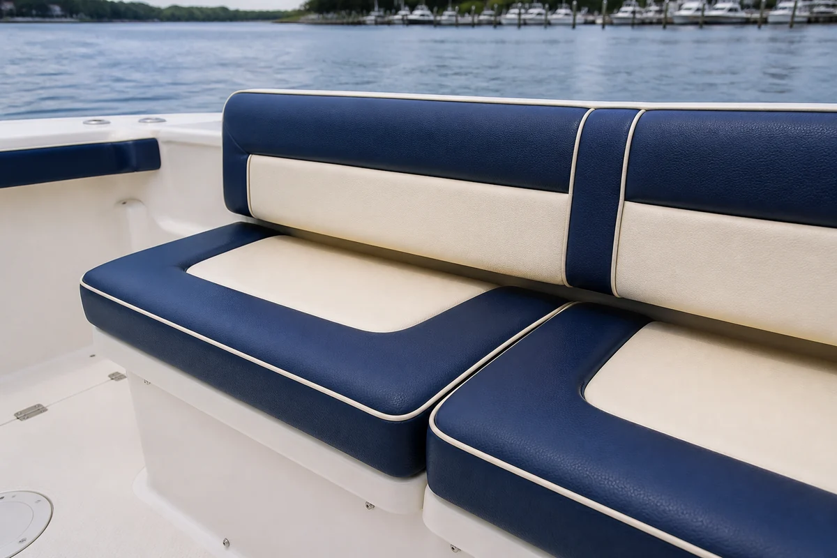 Marine vinyl fabric used in boat seat cushions and outdoor upholstery exposed to UV and humidity