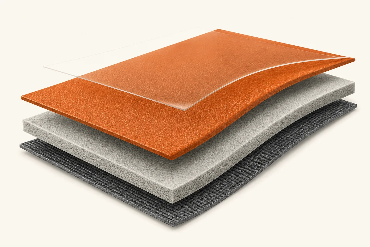 Cross-section diagram showing PVC leather material layer construction including surface coat, PVC layer, foam and textile backing