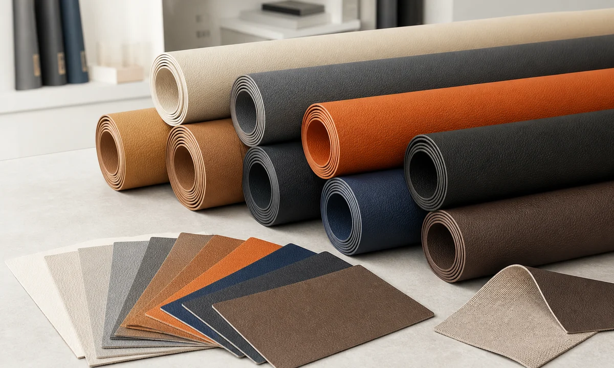 PVC leather rolls and material swatches showing colour and texture range for B2B buyers