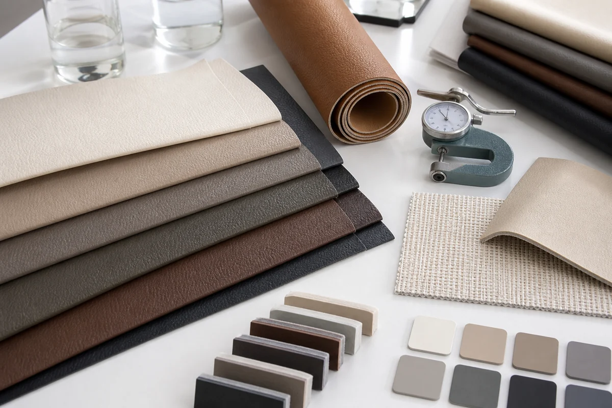 PVC leather sample card showing colour, grain, backing and thickness specification reference for B2B inquiry