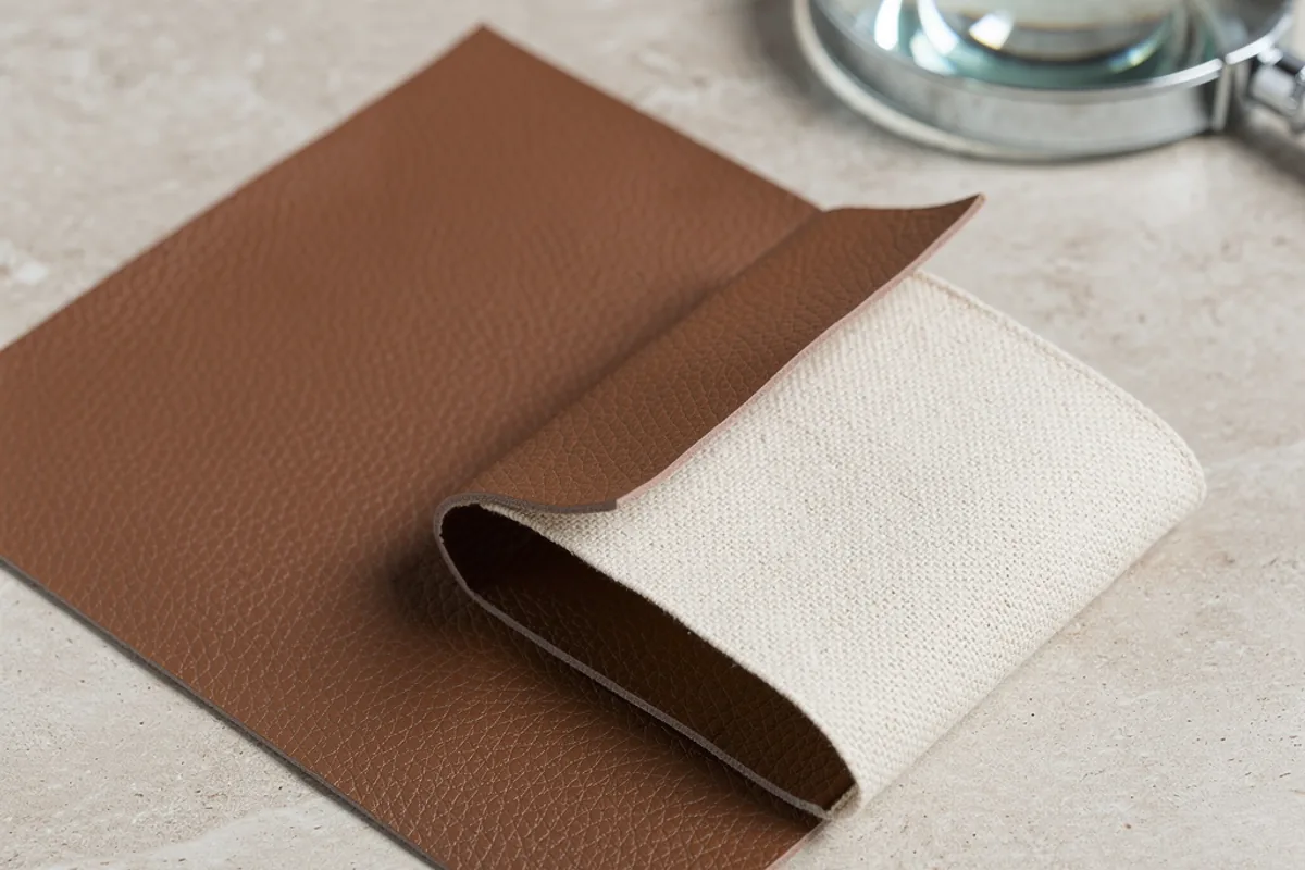 Leather-like material swatches with one folded to reveal a textile reverse