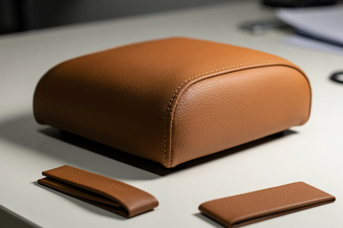 Leather-like upholstered seat corner with a curved seam and folded material strips