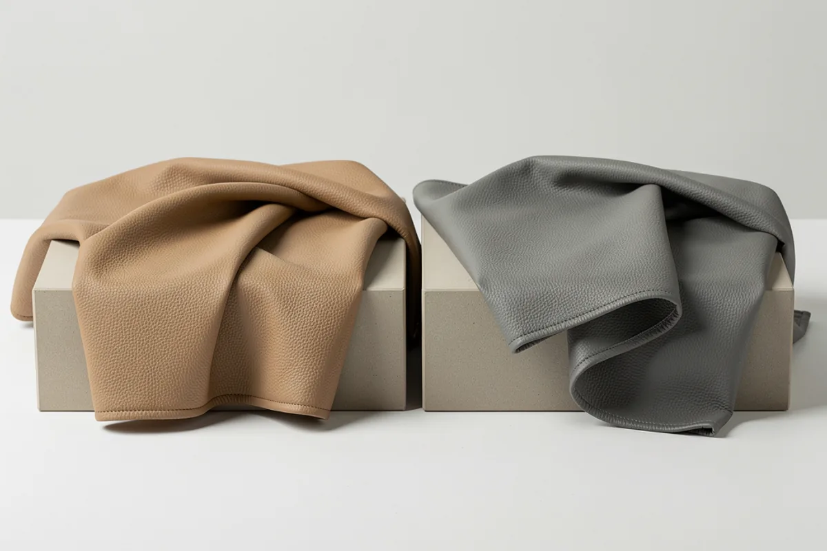 Tan and grey leather-look material pieces draped over separate supports