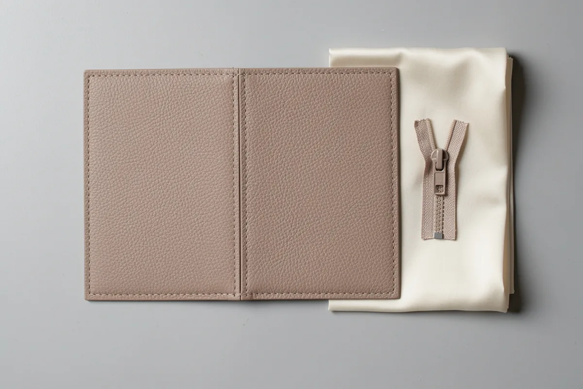 Taupe stitched sample panels beside ivory lining fabric and a separate zipper