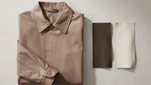 Folded taupe leather-look jacket beside brown and ivory material swatches