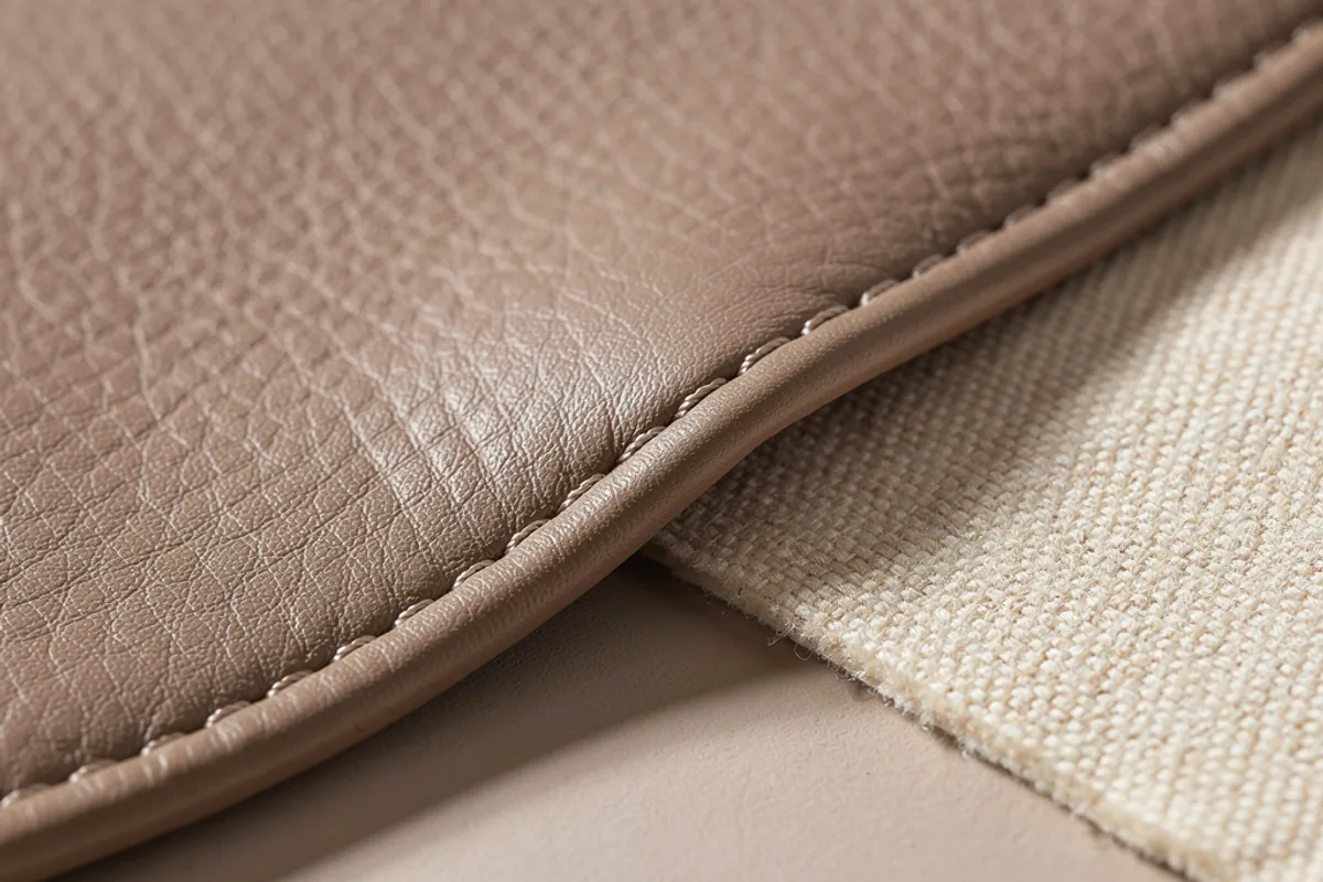 Close-up of a leather-like shoe upper seam beside a textile-backed material swatch