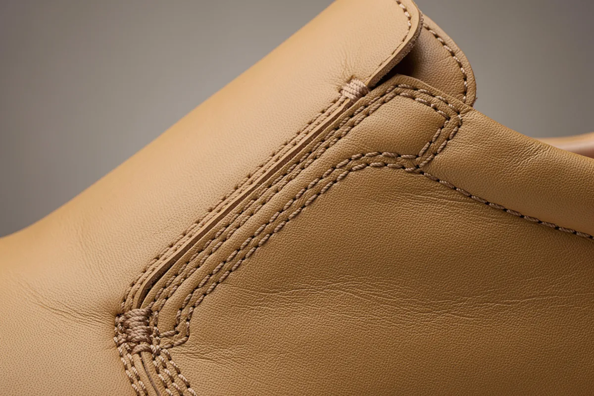 Close view of a tan shoe upper with curved stitching beside the tongue