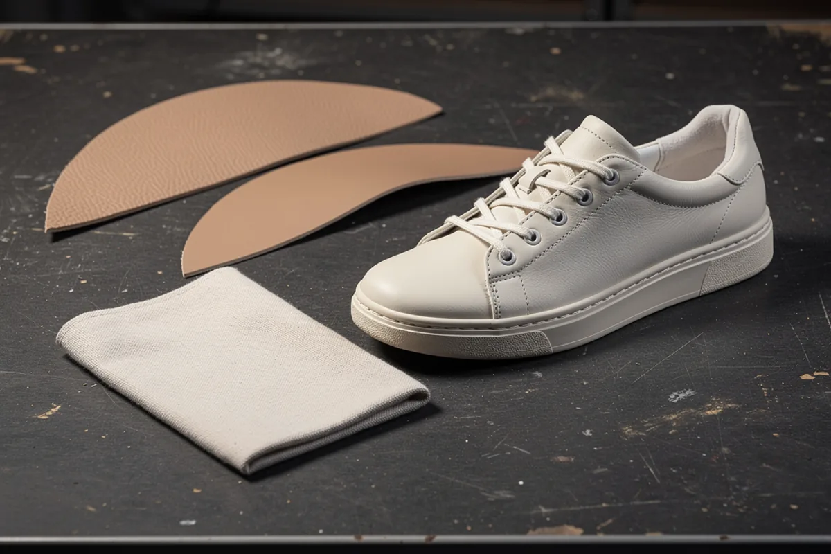 Off-white low-top shoe beside curved material swatches on a dark workbench