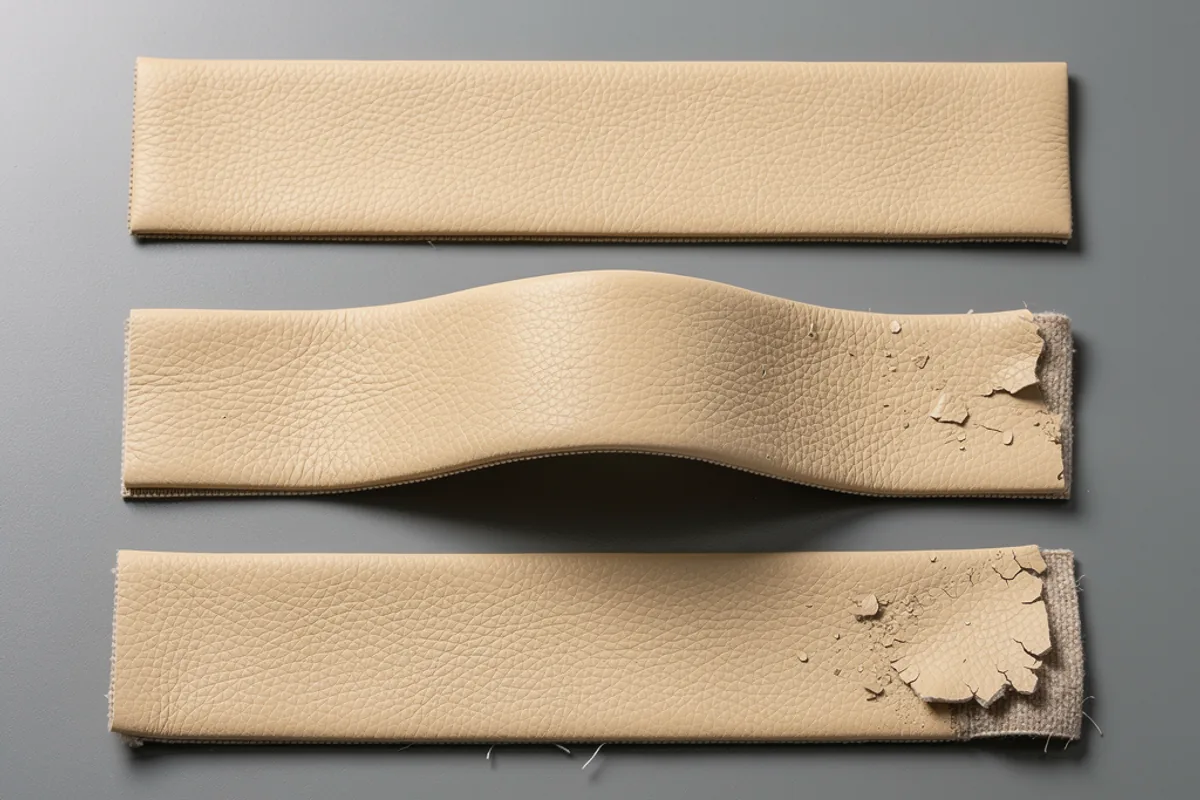 Three beige leather-look material strips showing flat, curved and damaged-edge surfaces