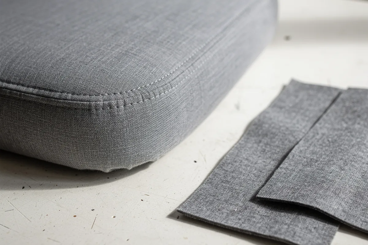 Gray upholstered seat corner with a stitched edge and loose matching swatches on a workbench
