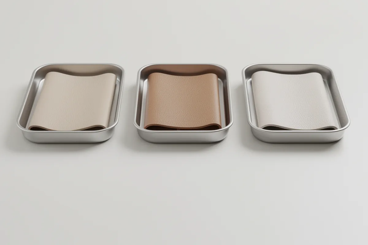 Neutral leather-look sample pieces arranged separately in stainless steel trays