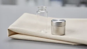 Ivory leather-look material beside a clear glass vial and a closed metal container
