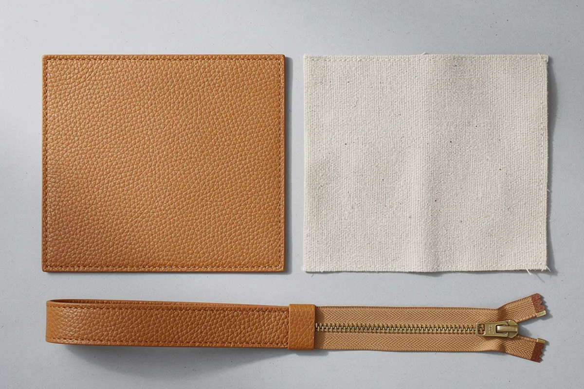 Tan material panel, pale woven lining and a strap-and-zipper assembly on a worktable