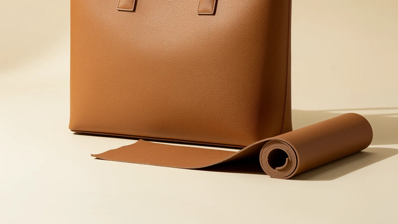 Close-up of a caramel leather-look bag body beside a rolled matching material swatch