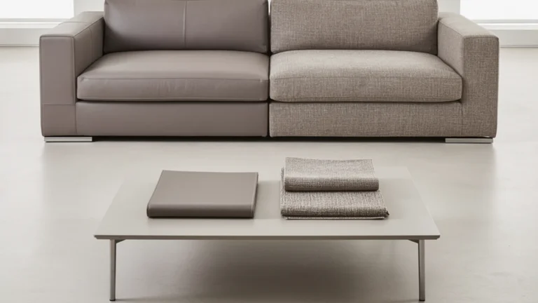 Sofa divided between leather-like upholstery and woven fabric with matching material swatches
