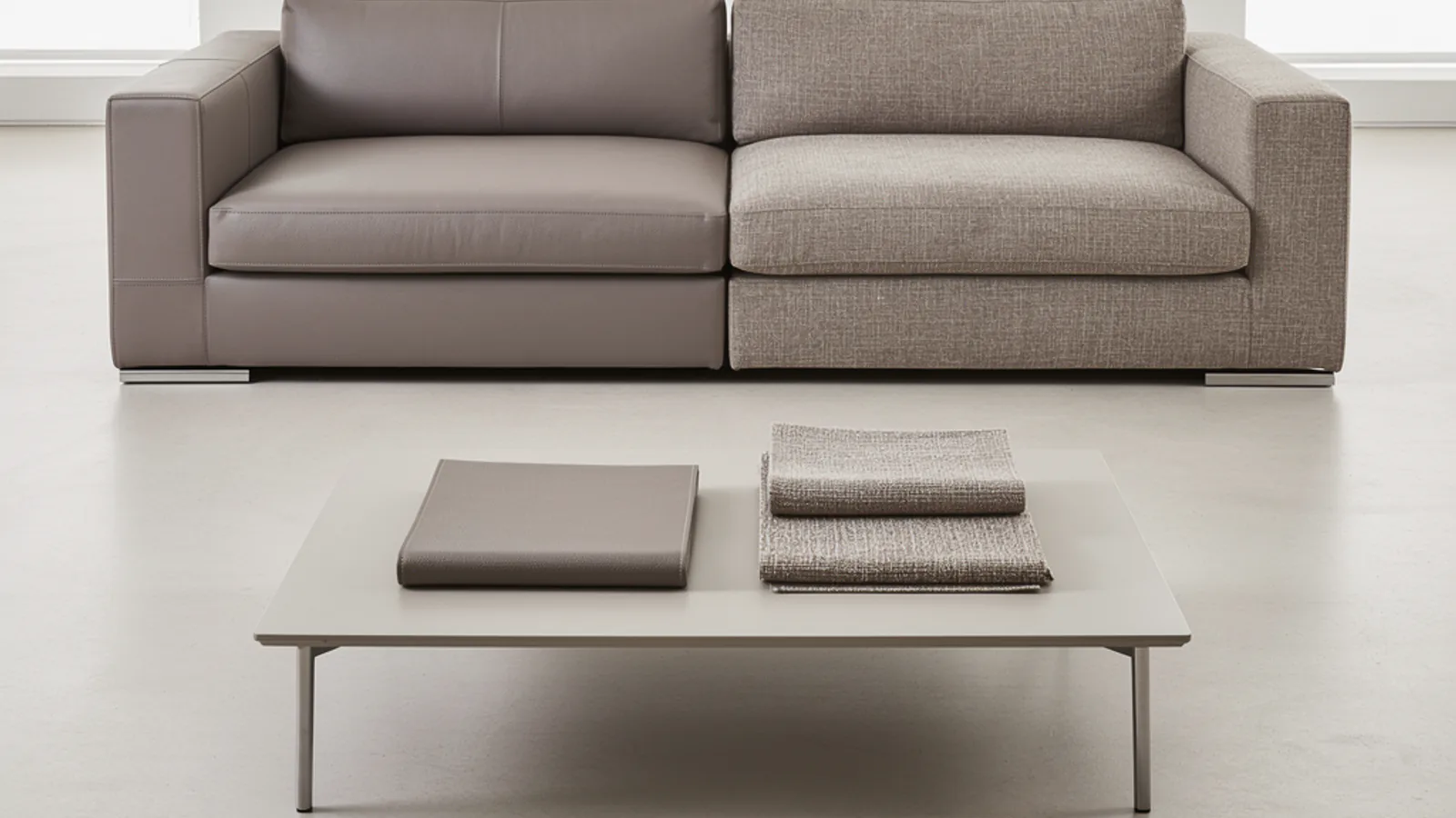 Sofa divided between leather-like upholstery and woven fabric with matching material swatches