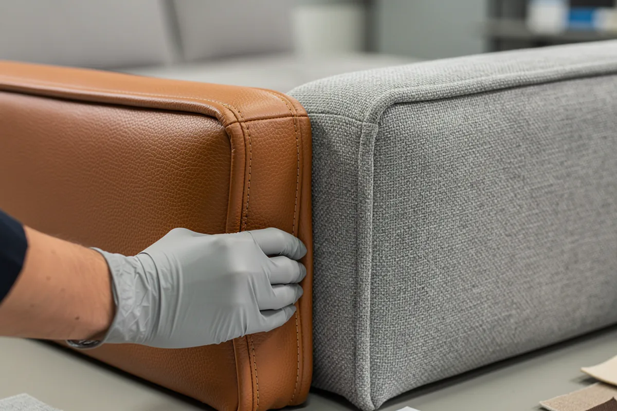 Inspector checking leather-like and woven fabric upholstery seams on sofa corner samples