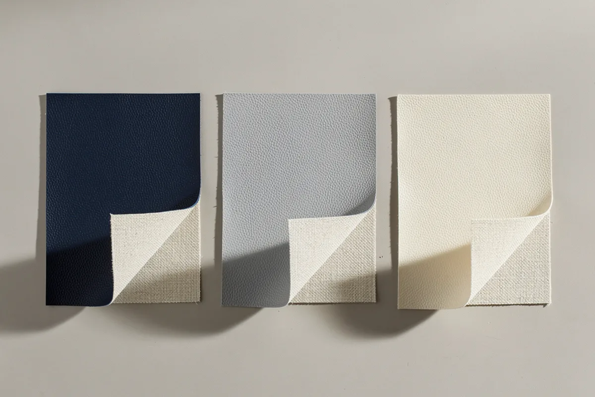 Navy, grey and cream swatches with corners turned to show woven undersides