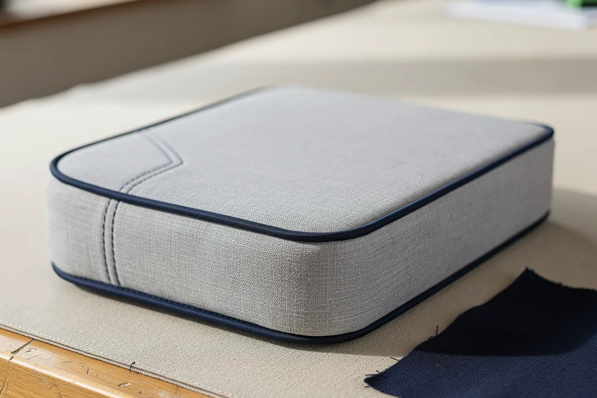 Light grey cushion with dark piping and a navy offcut on a workbench