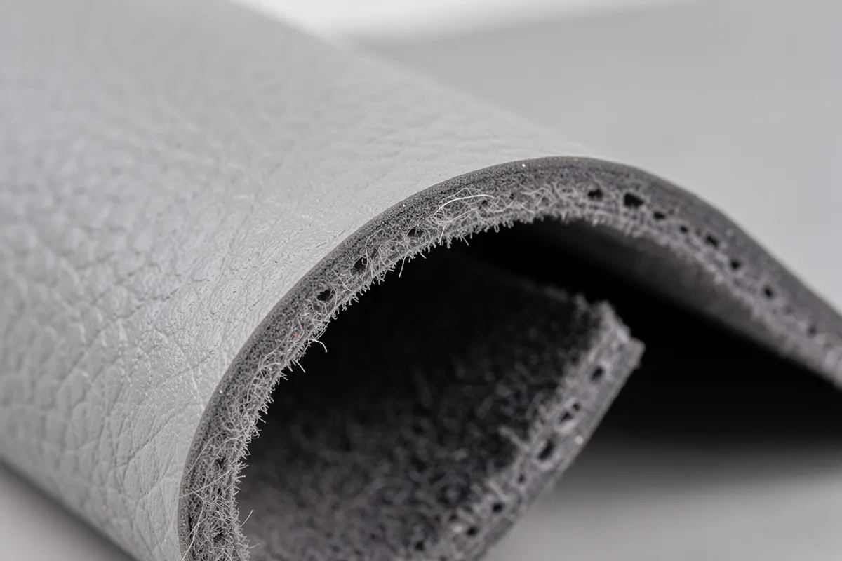 Bent microfiber synthetic leather sample showing a thin finished surface and dense fibrous interior