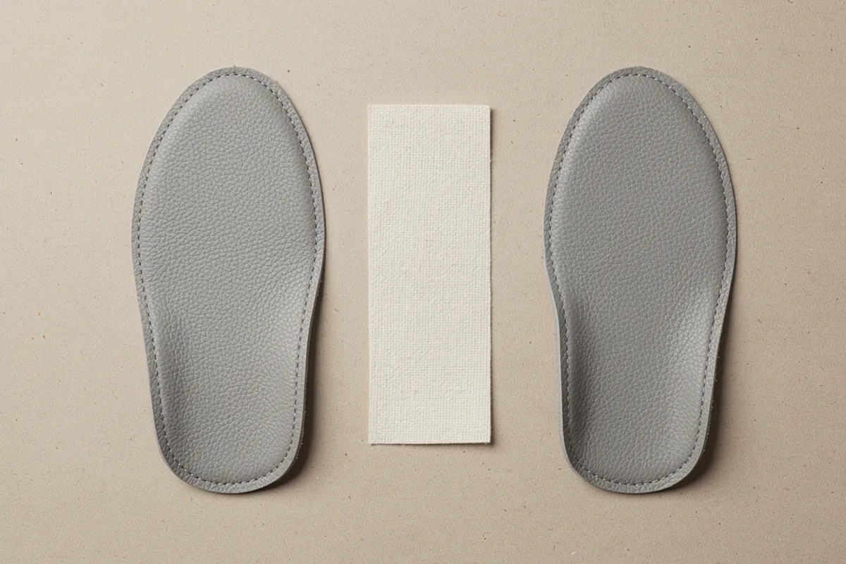 Two grey stitched material panels arranged beside an ivory textile swatch