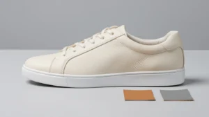 Ivory low-top shoe beside tan and grey material swatches