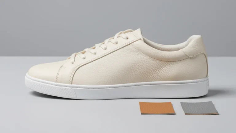 Ivory low-top shoe beside tan and grey material swatches
