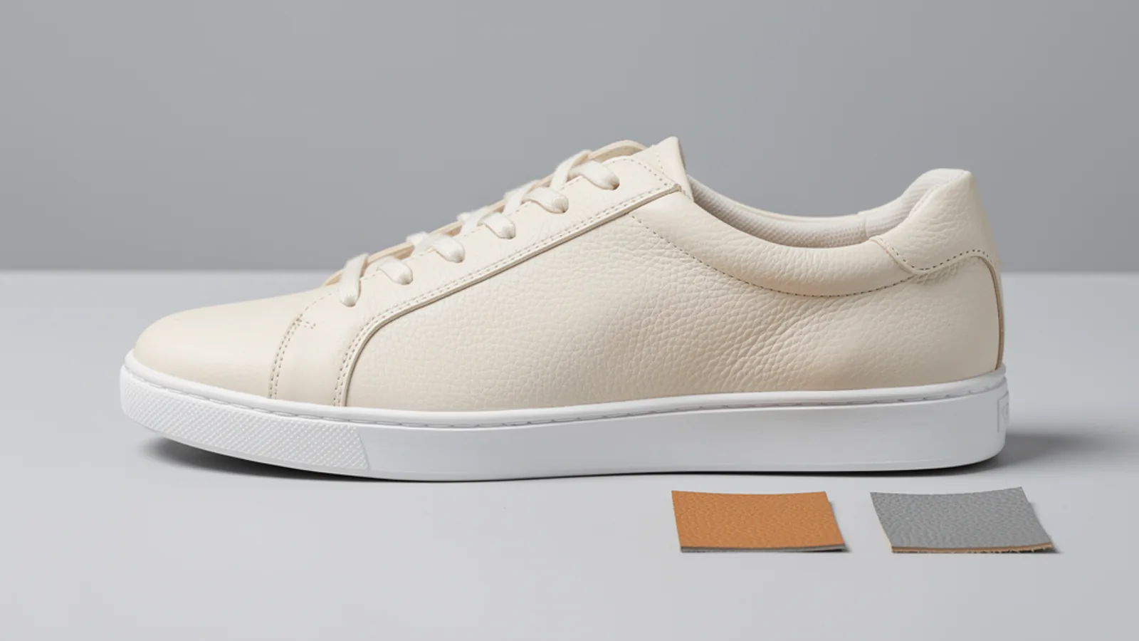 Ivory low-top shoe beside tan and grey material swatches
