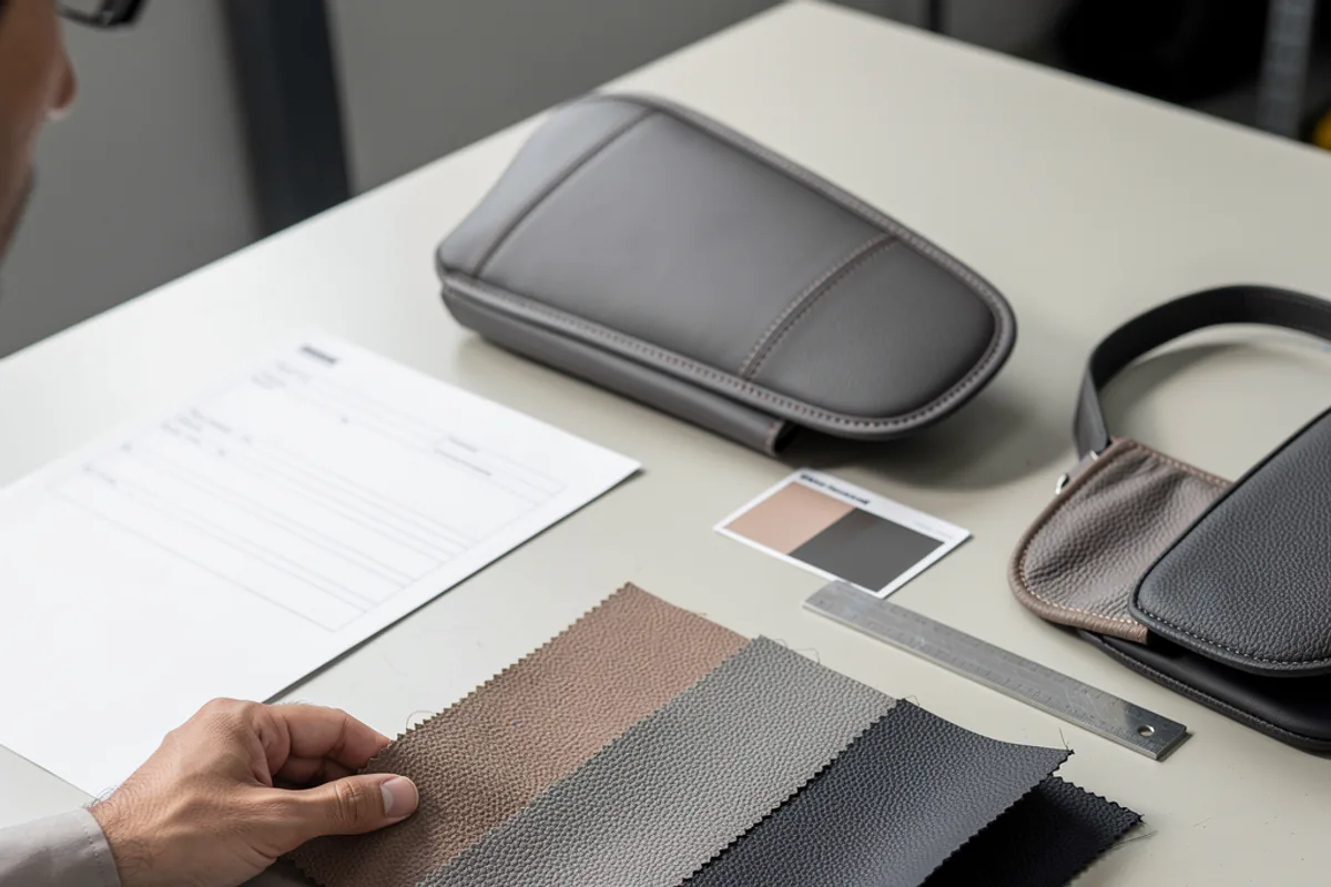 Buyer comparing microfiber leather swatches with component samples and a specification sheet