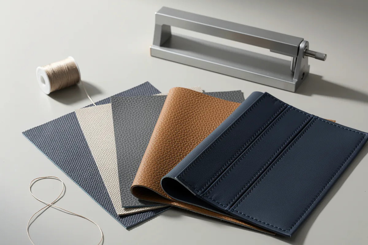 Material swatches arranged for backing, thickness, grain and fabrication review