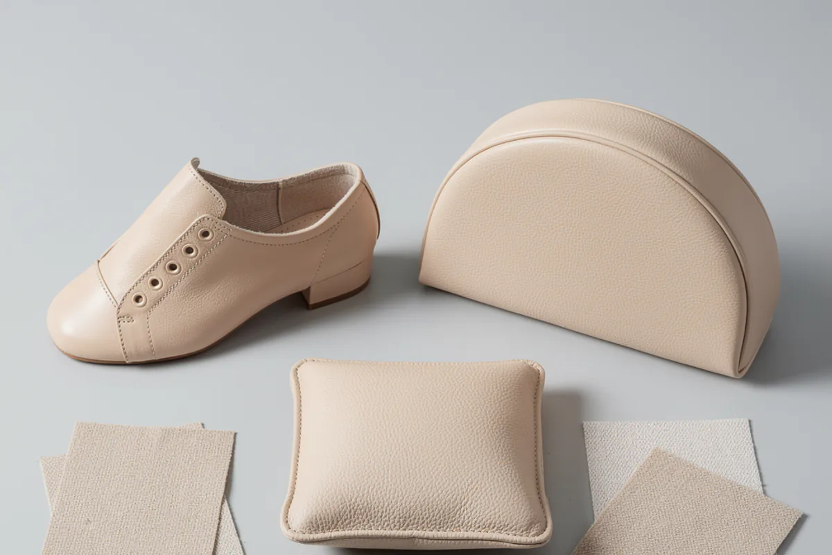 Unbranded shoe, bag, upholstery sample and PU leather swatches on a material selection table