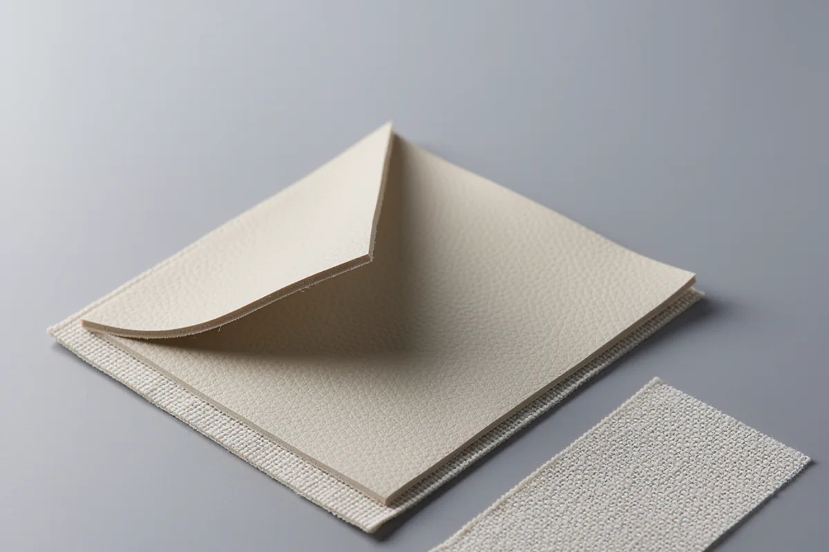PU synthetic leather swatch showing a thin textured surface above a woven textile backing