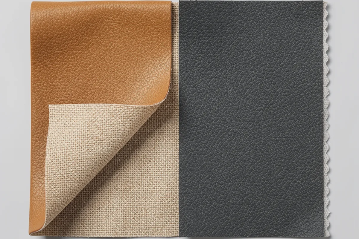Tan leather-look swatch with a turned-back corner revealing woven backing beside a dark gray swatch
