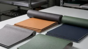 PU synthetic leather rolls and textured color swatches arranged on a material sample table