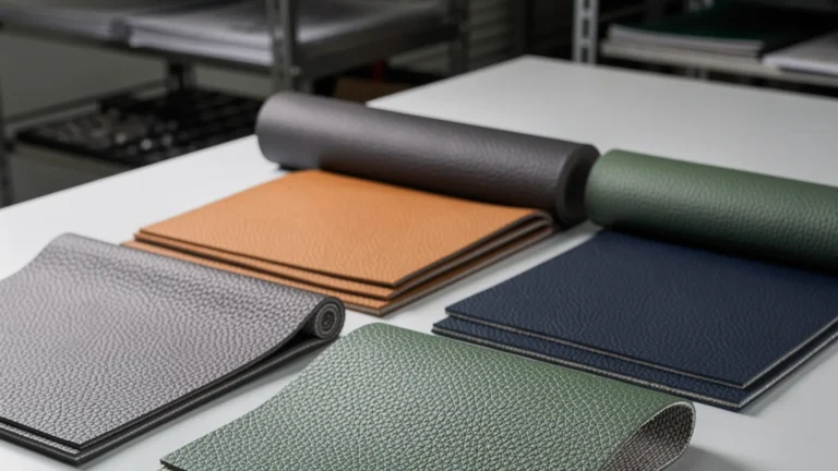 PU synthetic leather rolls and textured color swatches arranged on a material sample table