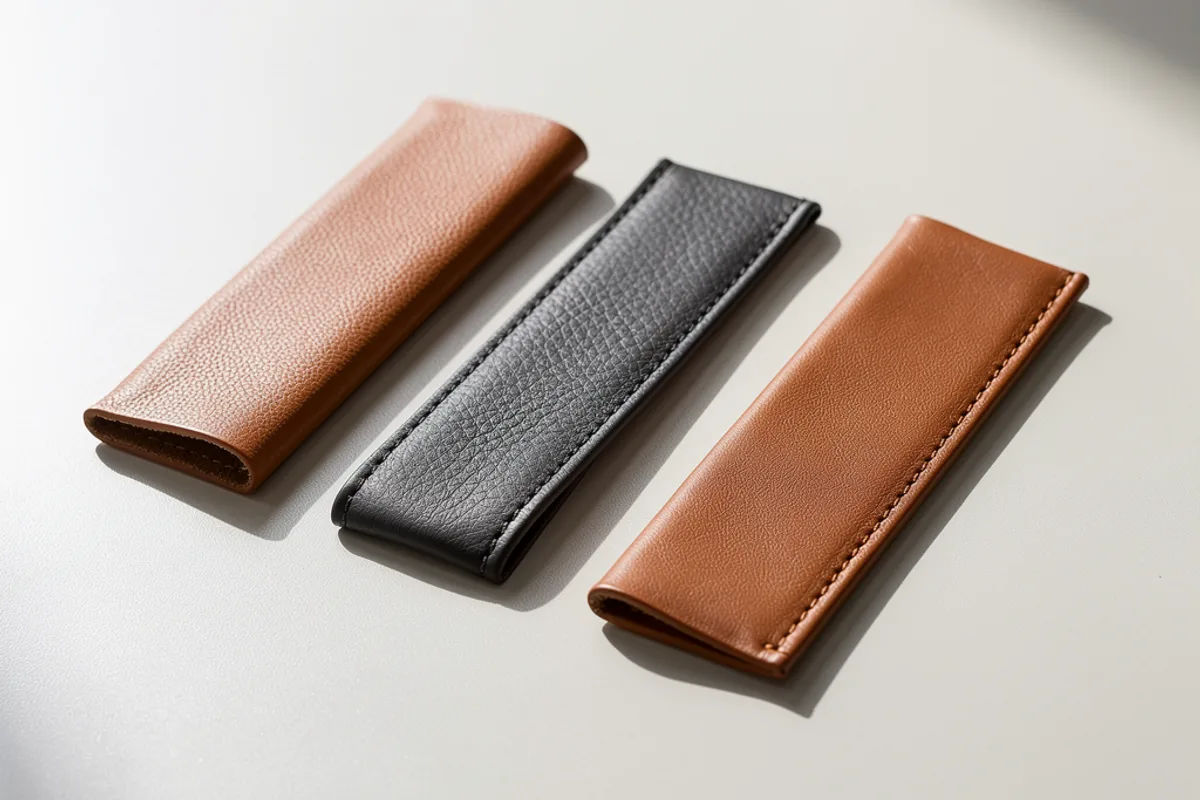 Three tan and charcoal folded and stitched material strips