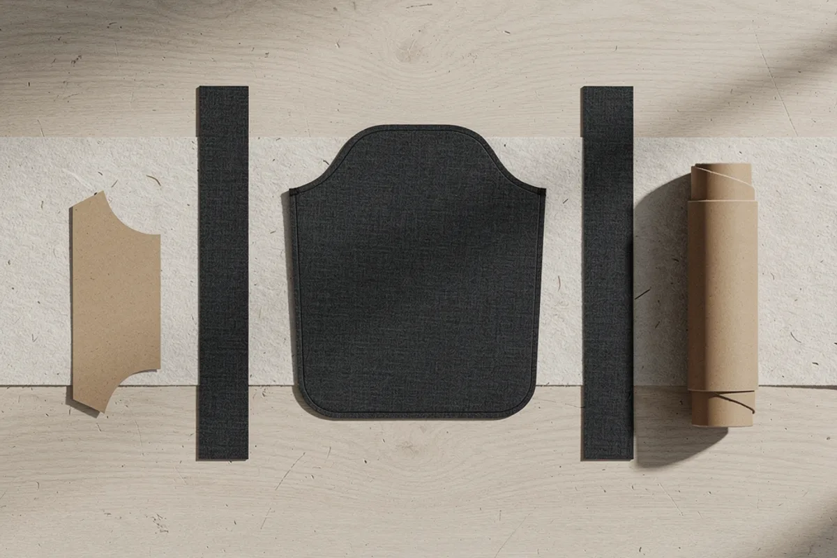 Dark shaped panel and two strips beside a paper pattern and kraft roll