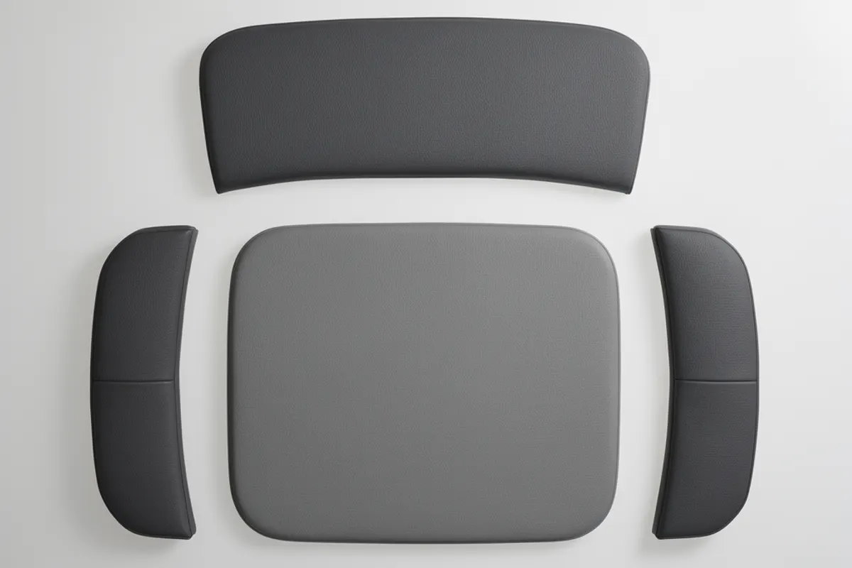 Four separate grey and charcoal upholstery pieces arranged on a light background