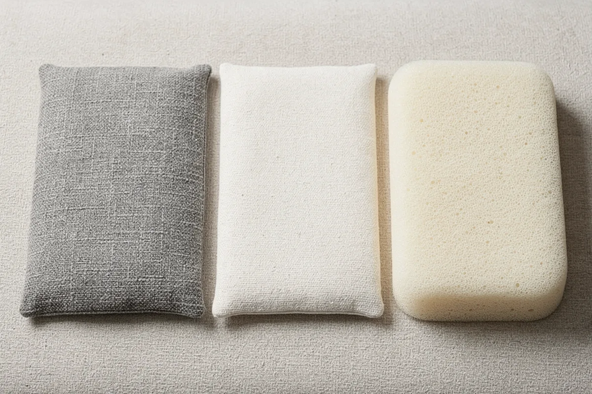 Grey and white textile samples beside a pale foam block