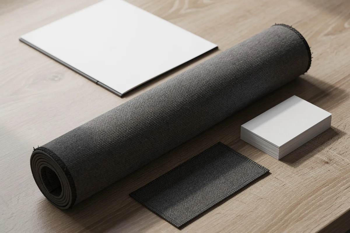 Dark upholstery roll and matching swatch beside a blank folder and cards