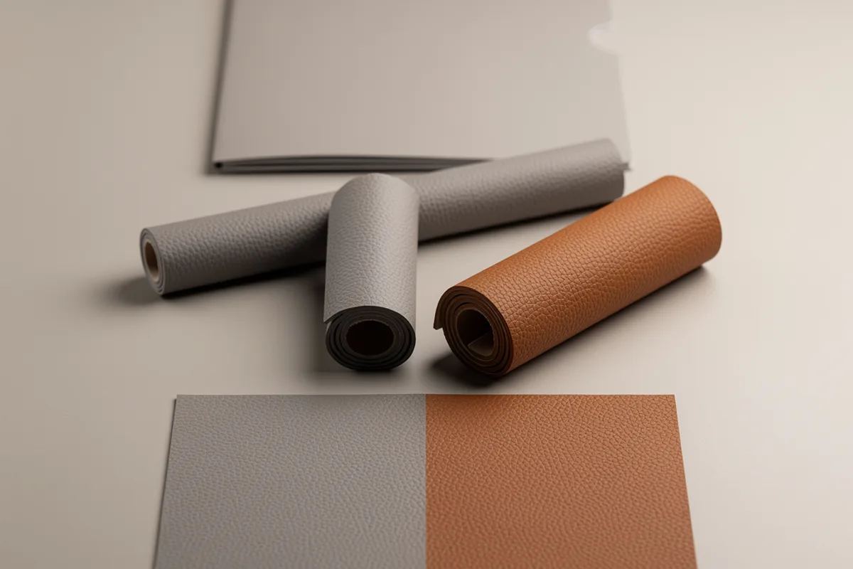 Grey and tan rolled swatches with matching flat samples and a blank folder