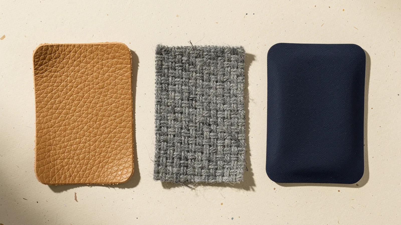Tan textured, grey woven and navy material swatches arranged side by side