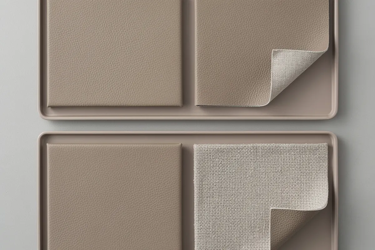 Four taupe textured swatches in trays showing coated faces and woven reverse sides