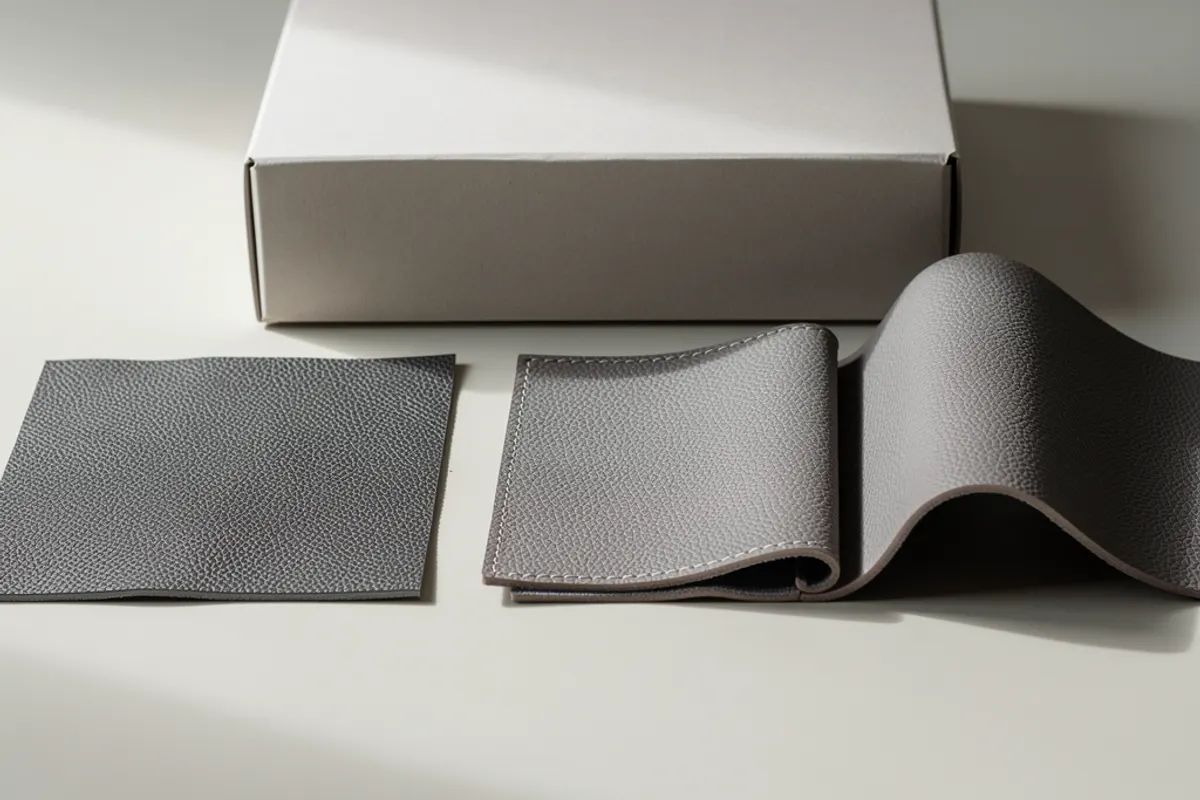 Flat, stitched and curved charcoal material samples beside a plain archive box