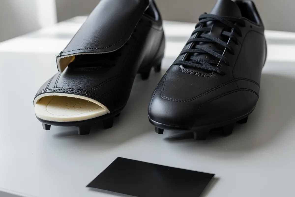 Two black football shoe prototypes, one with opened upper sections, beside a dark swatch