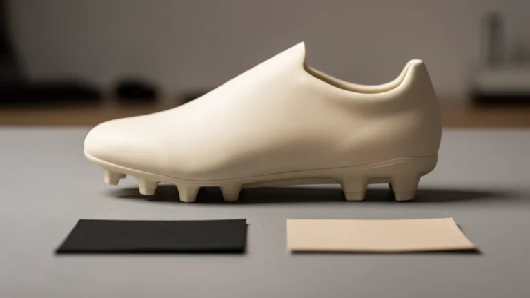 Plain ivory football shoe prototype beside dark and light material swatches