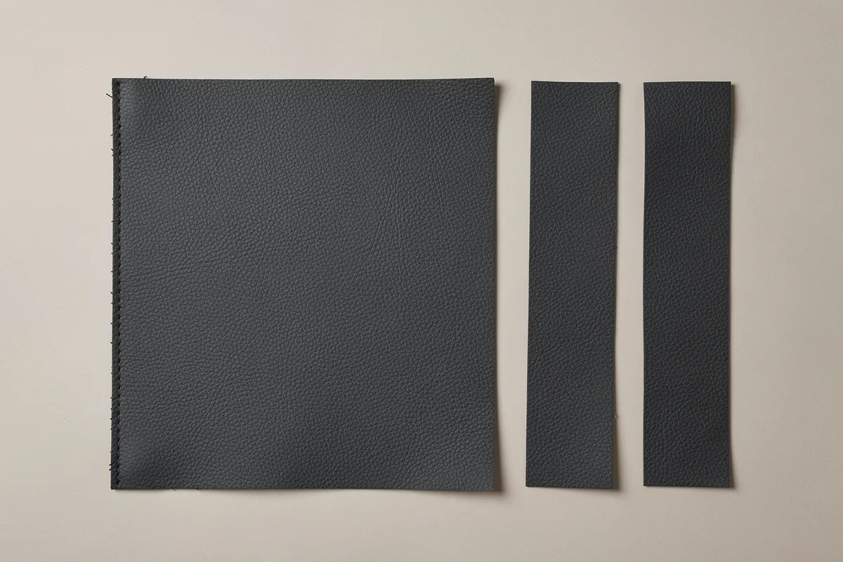 Dark textured rectangular swatch and two narrow material strips