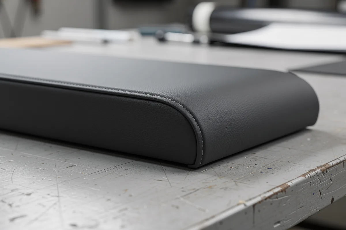 Close view of a dark gray armrest corner and curved stitched seam