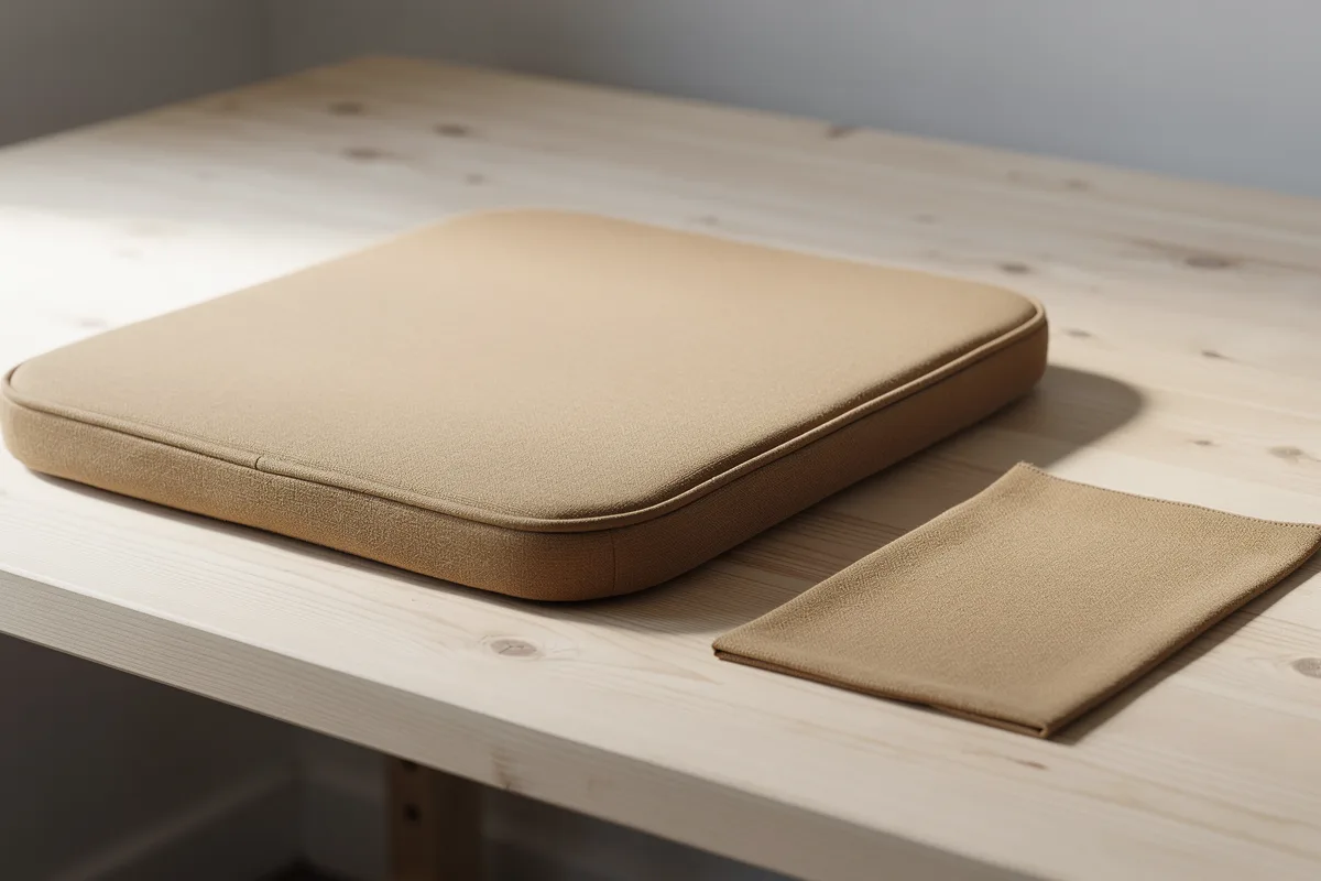 Tan seat cushion with a sewn perimeter beside a matching flat material sample